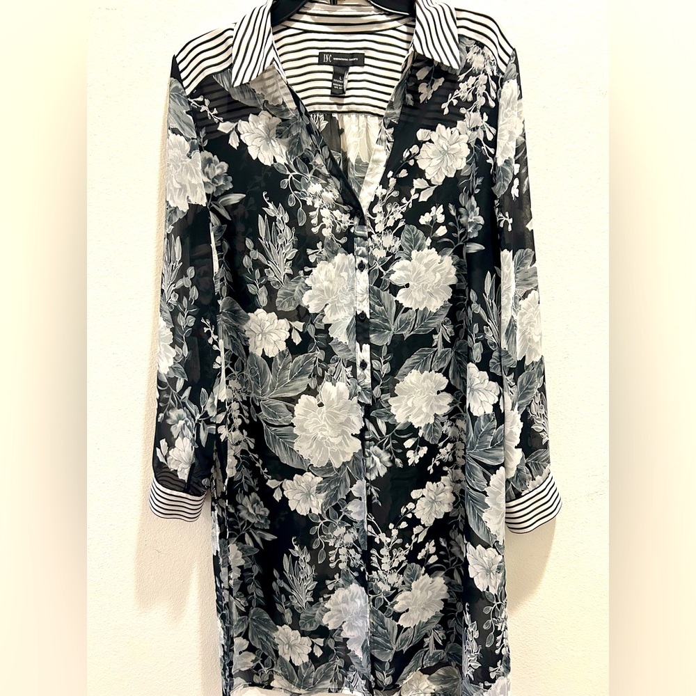 INC Black and White Floral Duster Long Sleeve Size Large 3/4 button front